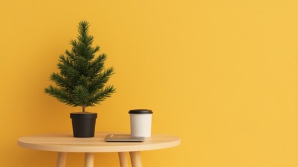 Minimalist christmas tree with coffee on wooden table against bright yellow wall
