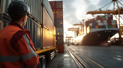 Logistics professional overseeing container shipment at busy port during sunset