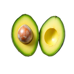 Perfectly ripe avocado sliced in half with creamy green flesh on white background, high-resolution food photography  