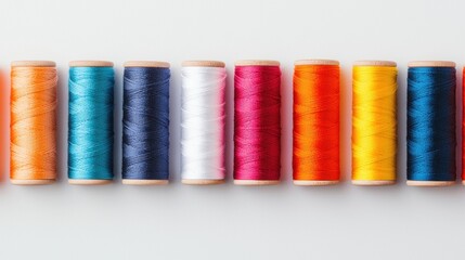 Colorful spools of thread alignment on white background