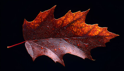 Naklejka premium A vibrant autumn leaf with intricate details, showcasing rich hues of red and orange against a dark background.