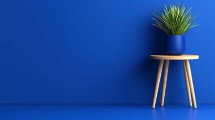 Elegant Potted Plant on Minimalist Stand Against Solid Royal Blue Backdrop Modern Indoor Scenery
