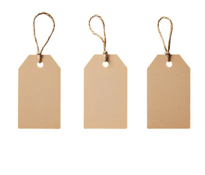  3 blank brown tag label with string isolated on transparent background cutout PNG file, png format 