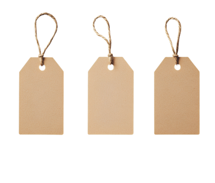  3 blank brown tag label with string isolated on transparent background cutout PNG file, png format 