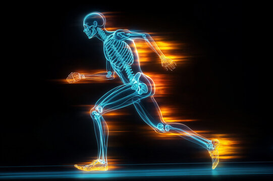 Dynamic futuristic runner with glowing neon skeleton, motion trails, electric blue bones, fiery orange energy streaks on a black background