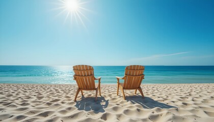 Diagonal Composition of Sand, Sea, and Wooden Chairs at Midday