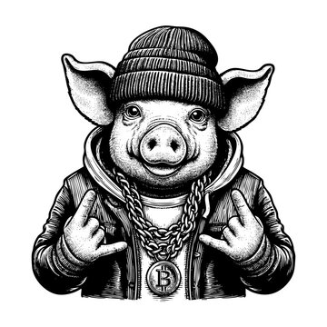 recommend clip art: Pig dressed rapper sketch engraving black and white outline. Scratch board imitation.
                    