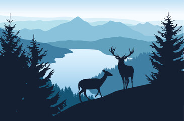 Landscape with blue mountains, forest, lake and silhouettes of trees and wild deers - vector illustration	