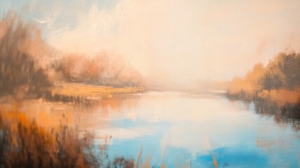 Fototapeta premium Serene landscape painting of a calm lake reflecting a hazy sky and autumnal trees.