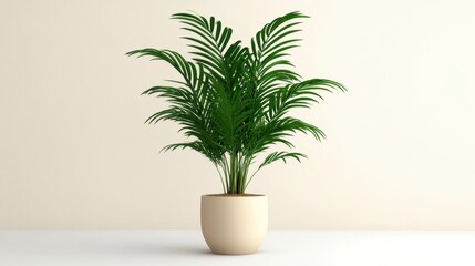 Lush Green Tropical Plant in Minimalist Cream Pot with Neutral Background