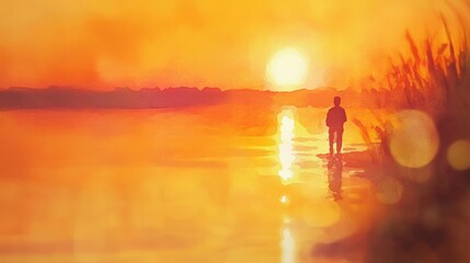 Fototapeta premium Solitary figure silhouetted against a vibrant sunset over calm water.
