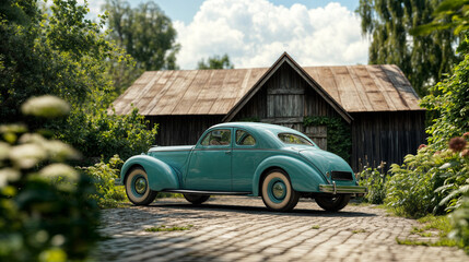 Fototapeta premium Teal vintage car parked on overgrown driveway in front of rustic barn on a summer day evoking a nostalgic 1940s Americana scene.