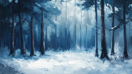 Serene Oil Painted Winter Forest Landscape Painting - Art of Cold, Tranquil and Beautiful Frozen Snowy Wilderness