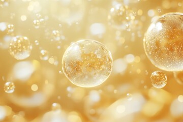 Golden Bubbles Floating in Abstract Space with Light Bokeh Background and Macro Focus for Luxurious Feel