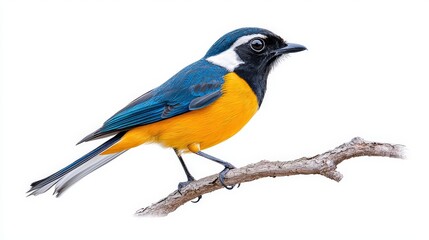 Fototapeta premium Vibrant tropical bird with striking plumage, posed in a natural stance, fully isolated on white