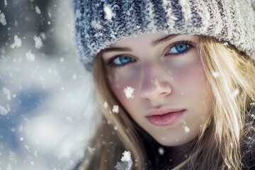 Beautiful young woman wearing a hat outdoors in winter, close-up portrait, beautiful blonde girl on a sunny day against the backdrop of a snow-covered park