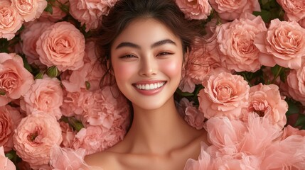 Naklejka premium Joyful woman surrounded by pink roses smiling brightly