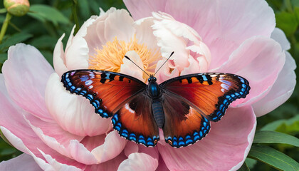 Graceful Butterfly on a Delicate Pink Peony Flower