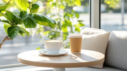Cozy café table with ceramic mug and takeaway cup in sunlit corner