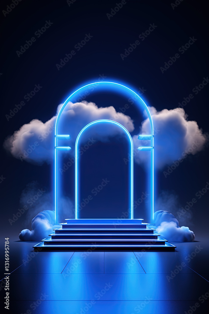 Poster neon arch in dark blue lights room with clouds. abstract background for party stage or product displ