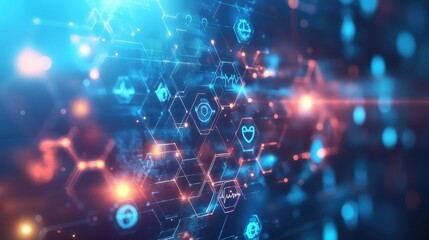 Futuristic digital interface with glowing hexagonal patterns and holographic icons