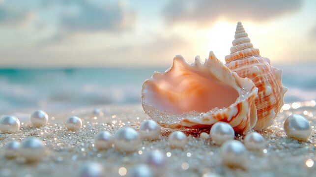 Serene coastal morning with pearls and sea shell on sandy beach