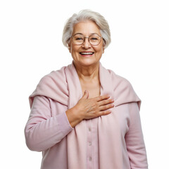 A cheerful senior woman with short gray hair and glasses, wearing a light pink cardigan, is pictured against a white background.