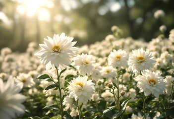 Fototapeta premium Flowers of White Dahlias in a Field.