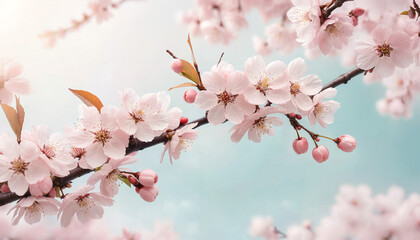 Obraz premium Cherry Blossom Branch in Full Bloom: Soft Pastel Pink Flowers Against a Light Blue Sky Background