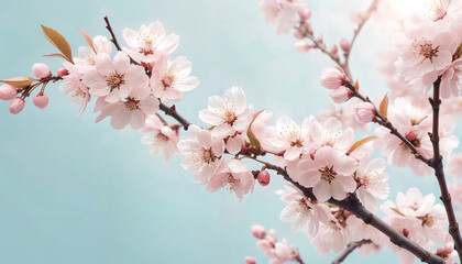 Obraz premium Spring Blossoms: Soft Pink Cherry Blossoms Against a Pastel Blue Background