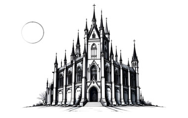 Fototapeta premium Spooky Haunted Castle Drawing, Minimalist Art
