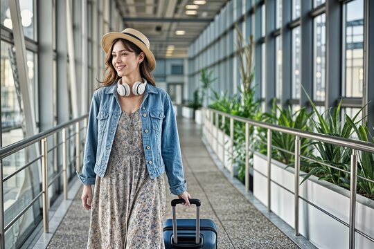 young woman denim jacket floral dress walking through airport travel concept joven mujer chaqueta vaquera vestido floral caminando por el aeropuerto concepto de viaje