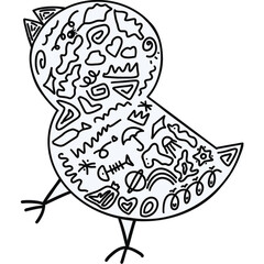 A black and white digital line drawing of a stylized chicken with intricate patterns.