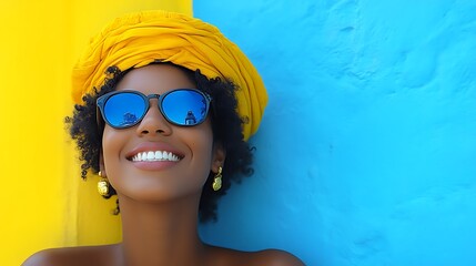 Naklejka premium Smiling woman with yellow turban and sunglasses posing against a vibrant yellow and blue background