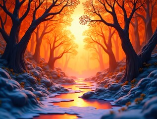 Glowing river flows through a mystical forest at sunset in paper cut art style