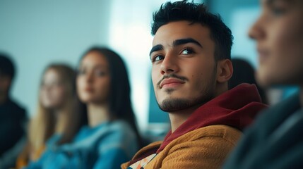 Obraz premium a diverse group of students listening to a guest speaker in a classroom setting engaged and attentive bright atmosphere learning experience