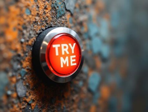 Red button showing try me on grunge wall invites to experiment
