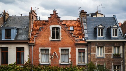 Fototapeta premium Elevated View of Shaded Gables of Two Neighboring Houses for Real Estate and Architecture Concepts