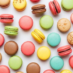 Obraz premium Sweet colorful macarons on white background. Delicious pastries, flat lay. Food background. Sweets. Bright French macarons on white background, top view. Assortment of colorful macarons