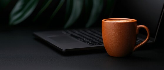 Laptop with Coffee on Desk Workplace Ambiance for Concentration and Productivity at Work Station