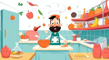 a cartoon chef is in a kitchen mixing food, surrounded by floating fruits and vegetables