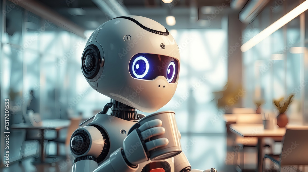 Poster a futuristic robot taking a coffee break in a modern office setting