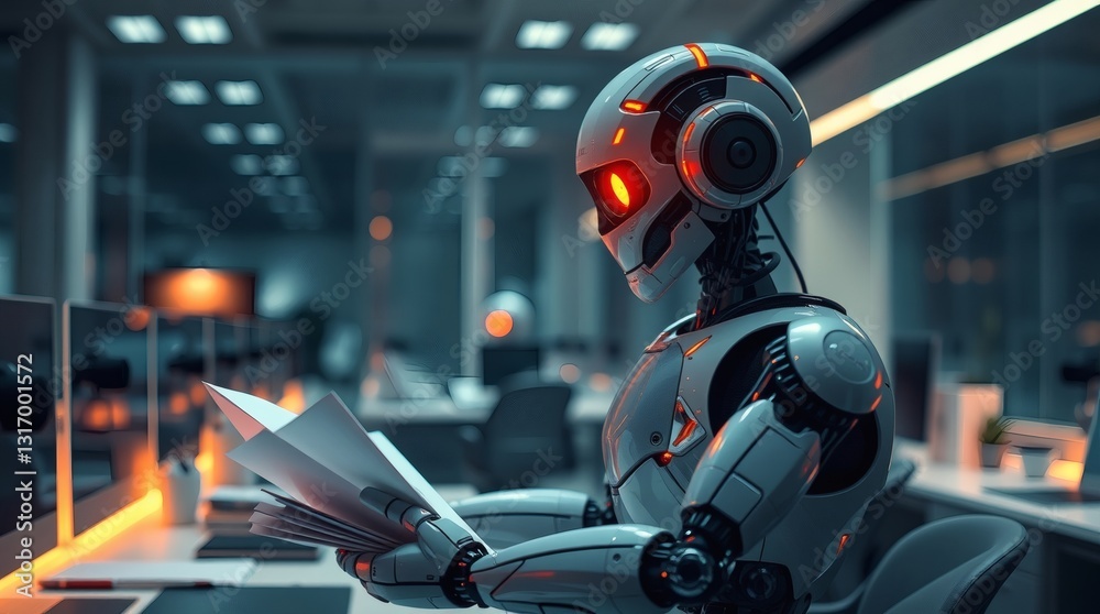 Poster a futuristic robot reading documents in an office setting, embodying the blend of technology and mod