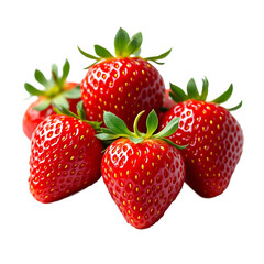 Fresh vibrant red strawberry with small yellow seeds and green leaf cap on white background, high-resolution food photography  