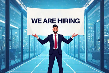 A charismatic businessman in a stylish black suit and red tie standing on a stage or office entrance, proudly presenting a "We Are Hiring" banner. Symbolizing a welcoming and ambitious work environmen