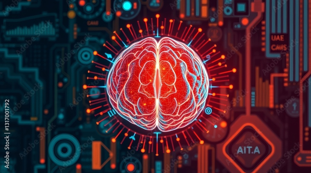 Poster an image that features a digital representation of the human brain, surrounded by intricate circuits, is displayed