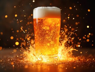 Glass of beer exploding with golden light and foam
