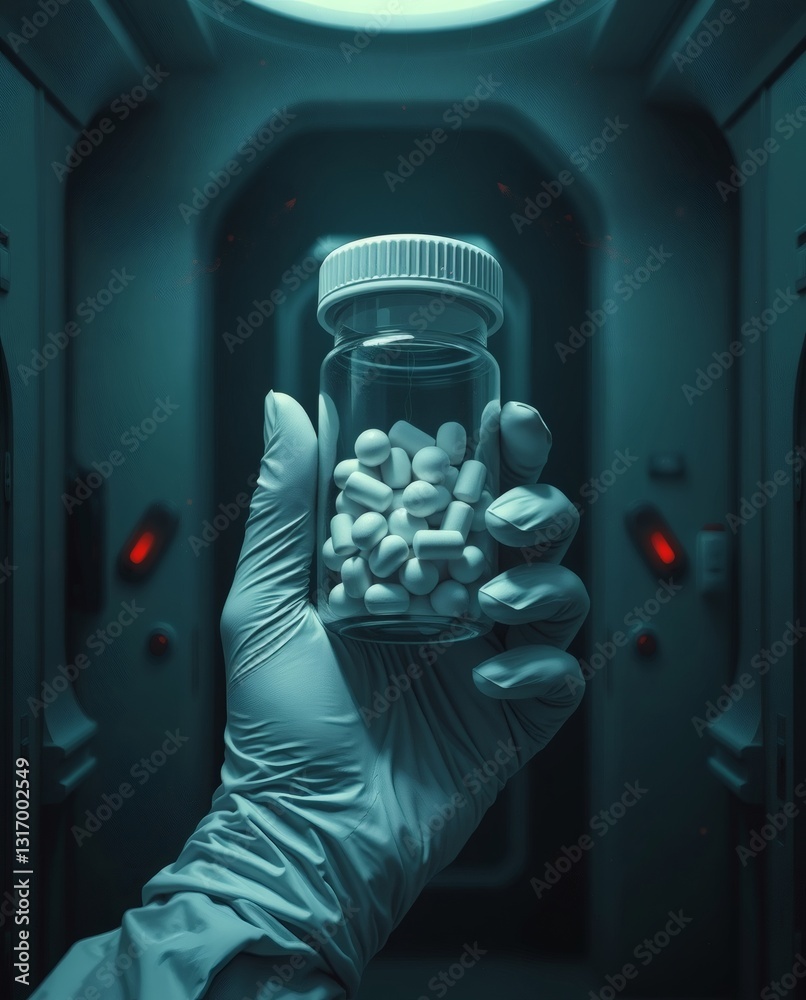 Poster a hand holding a glass jar filled with pills in a futuristic setting, creating an atmosphere of scie
