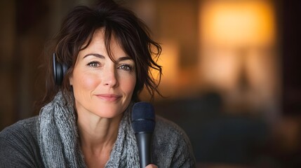 Focused woman with microphone sharing her story on a podcast in a relaxed atmosphere while engaging with listeners