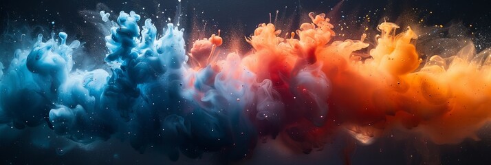 Abstract Minimalistic Artwork Featuring Acrylic Blue and Red Colors in Water with Ink Blot on Black Background